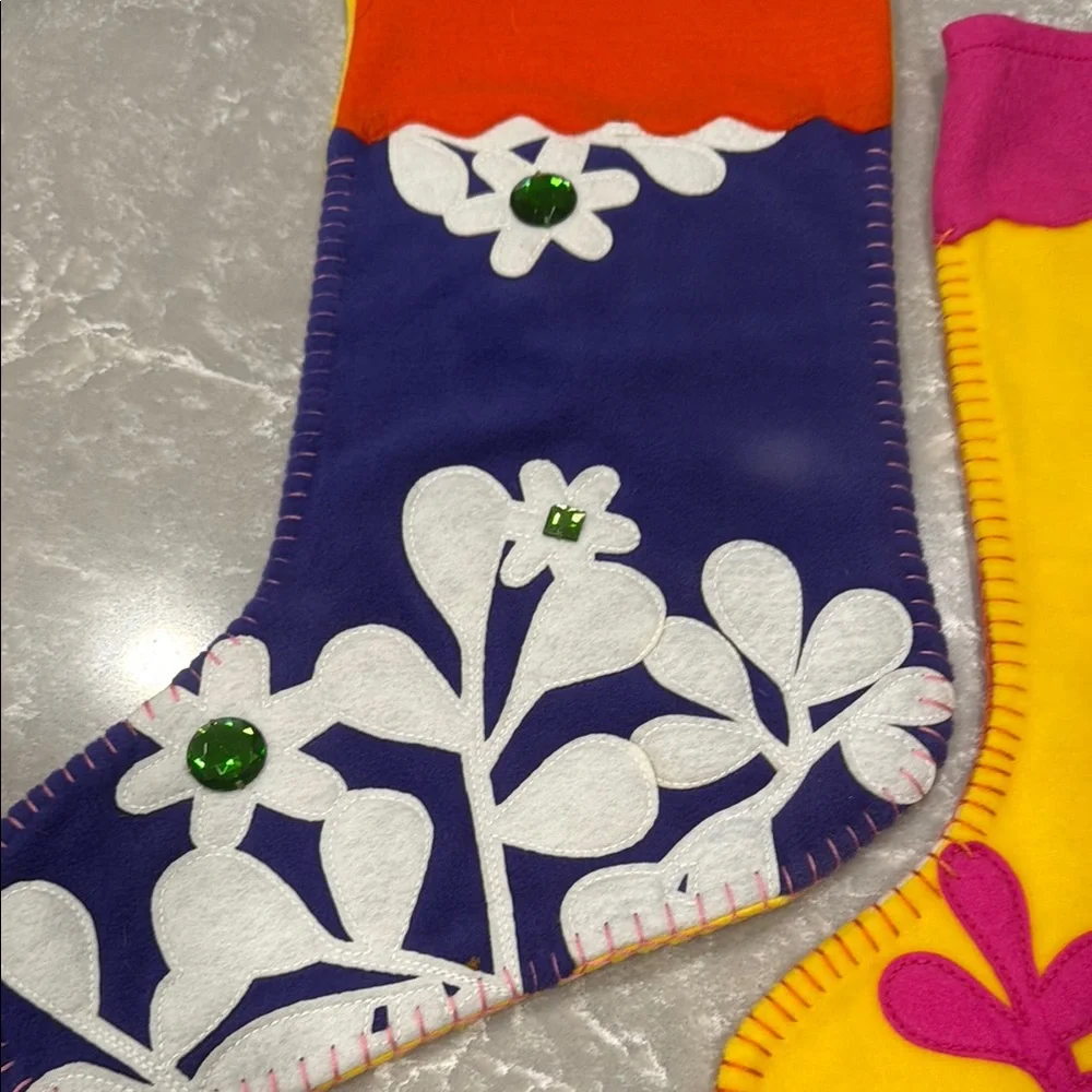 Old Navy Colorful Felt Christmas Stockings – Set of 2 Floral Appliqué